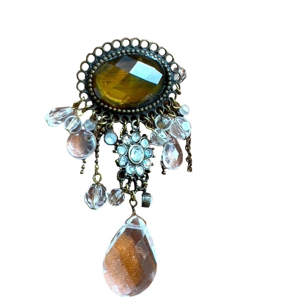 Victorian Style Dangle Chains Clear Beads Brooch Ornate Bronze Tone Brooch Pin